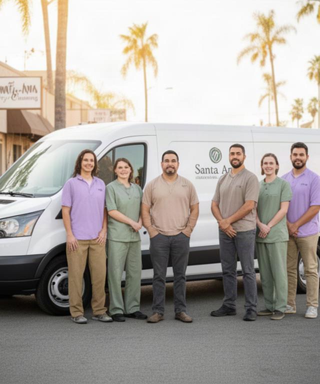 Dmon Batisa standing with the Santa Ana dry cleaning team beside a service van