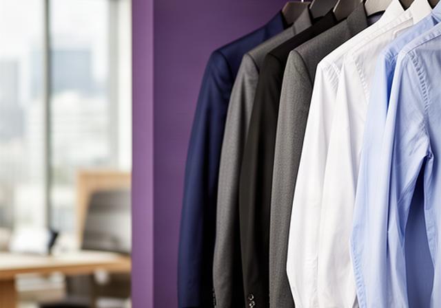 Pressed business suits and dress shirts arranged in a downtown Santa Ana office wardrobe